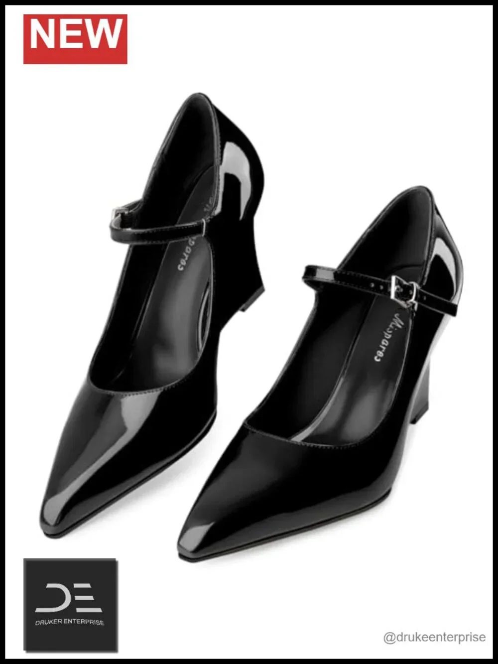 Women's Pointed Toe Mary Jane Wedge Heels Adjustable Ankle Strap Patent Leather